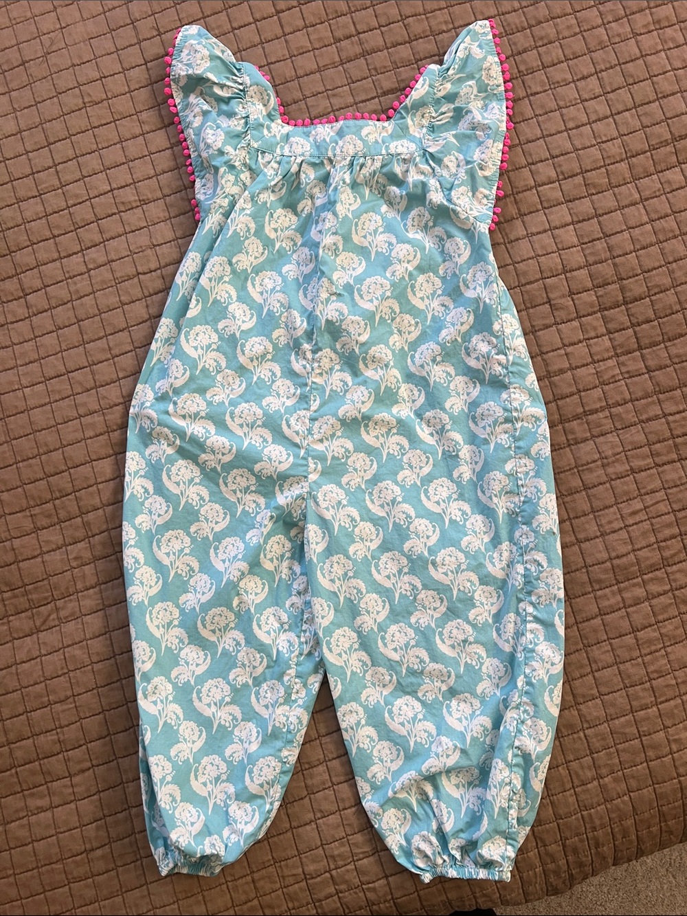 MINI BODEN Girls Aqua Floral Romper with Pink Pom-Trim